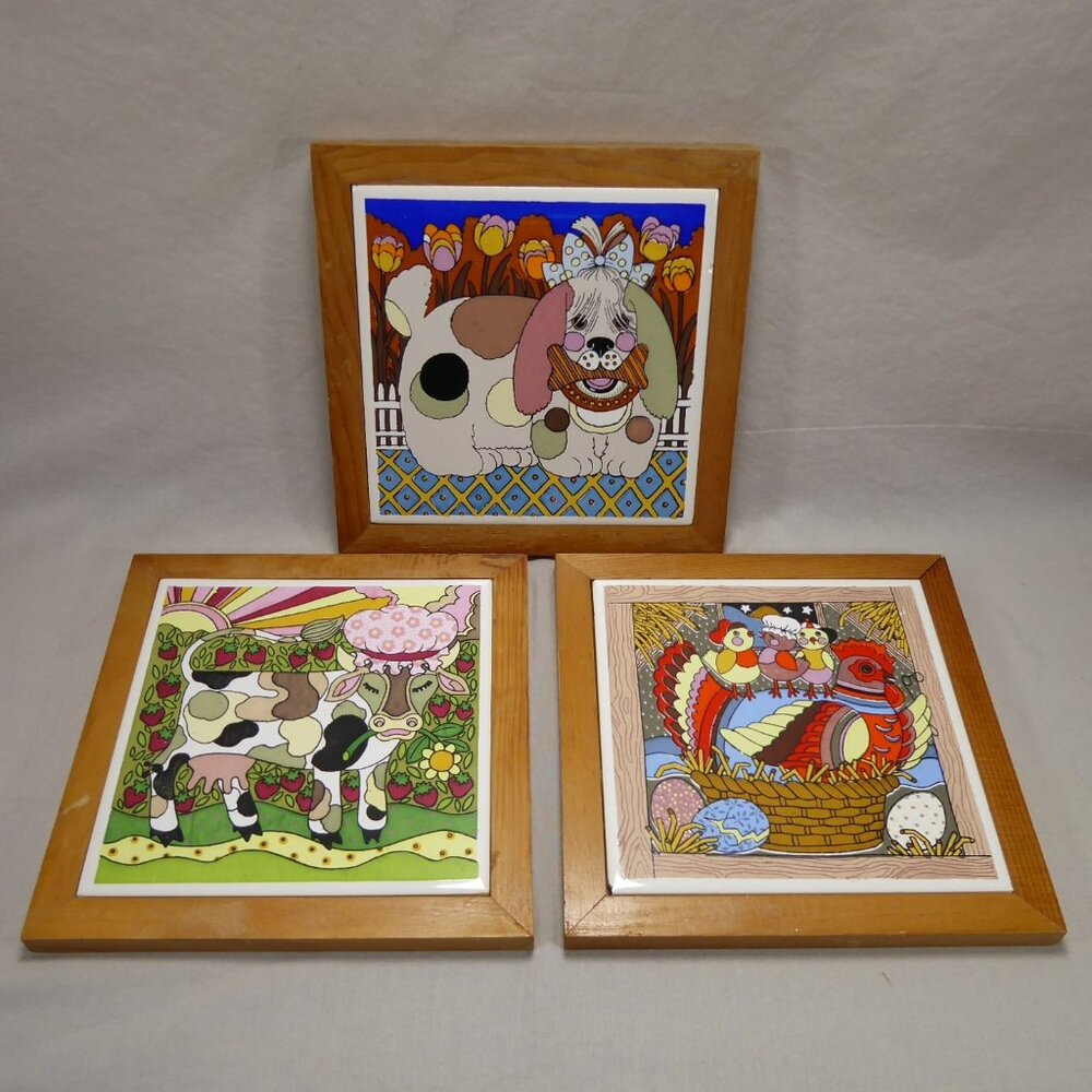 3 Vintage Gailstyn Sutton Whimsical Kitchen 6" Tile Trivets Cow Dog Chicken